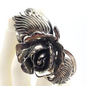 Botticelli Silver Rose Clamper Bracelet Designer Hinged Floral Vintage Statement
